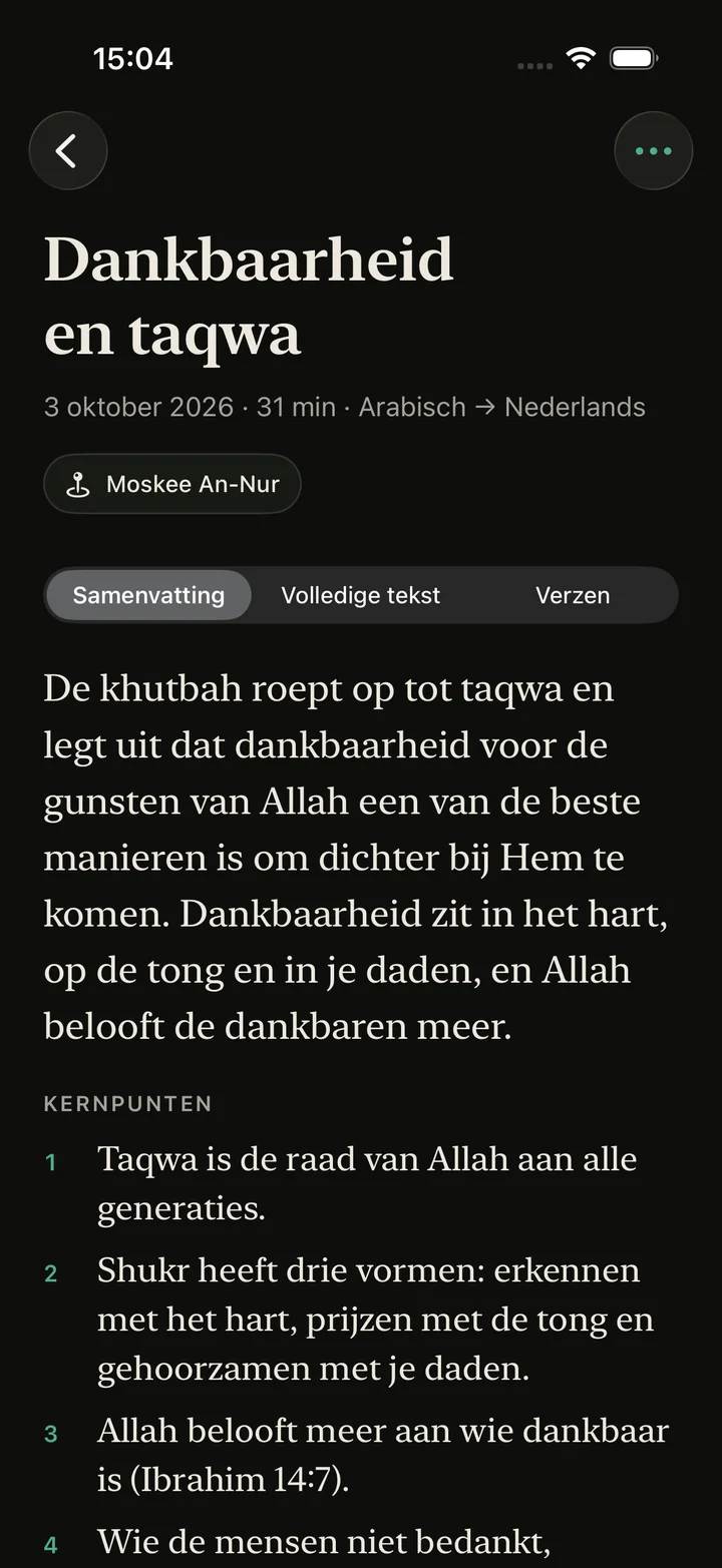 De samenvatting van een khutbah met genummerde kernpunten